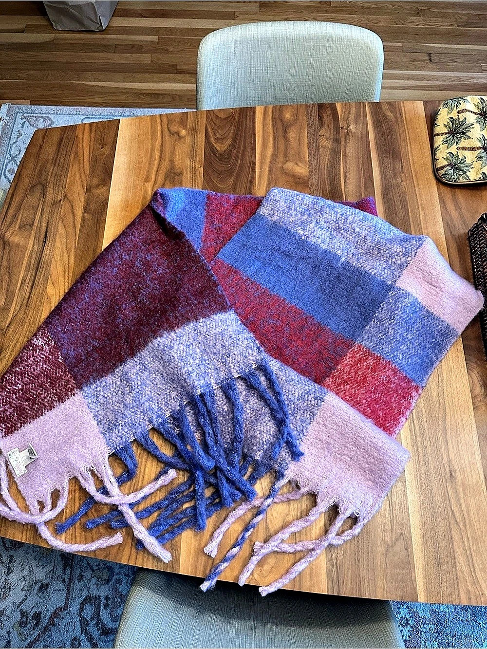 Free People Color Block Fringed Blanket Scarf in Purple & Pink